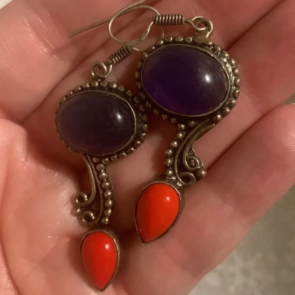 Sterling Silver 925 Blue Orange‎ Coral Drop Earrings Pierced
